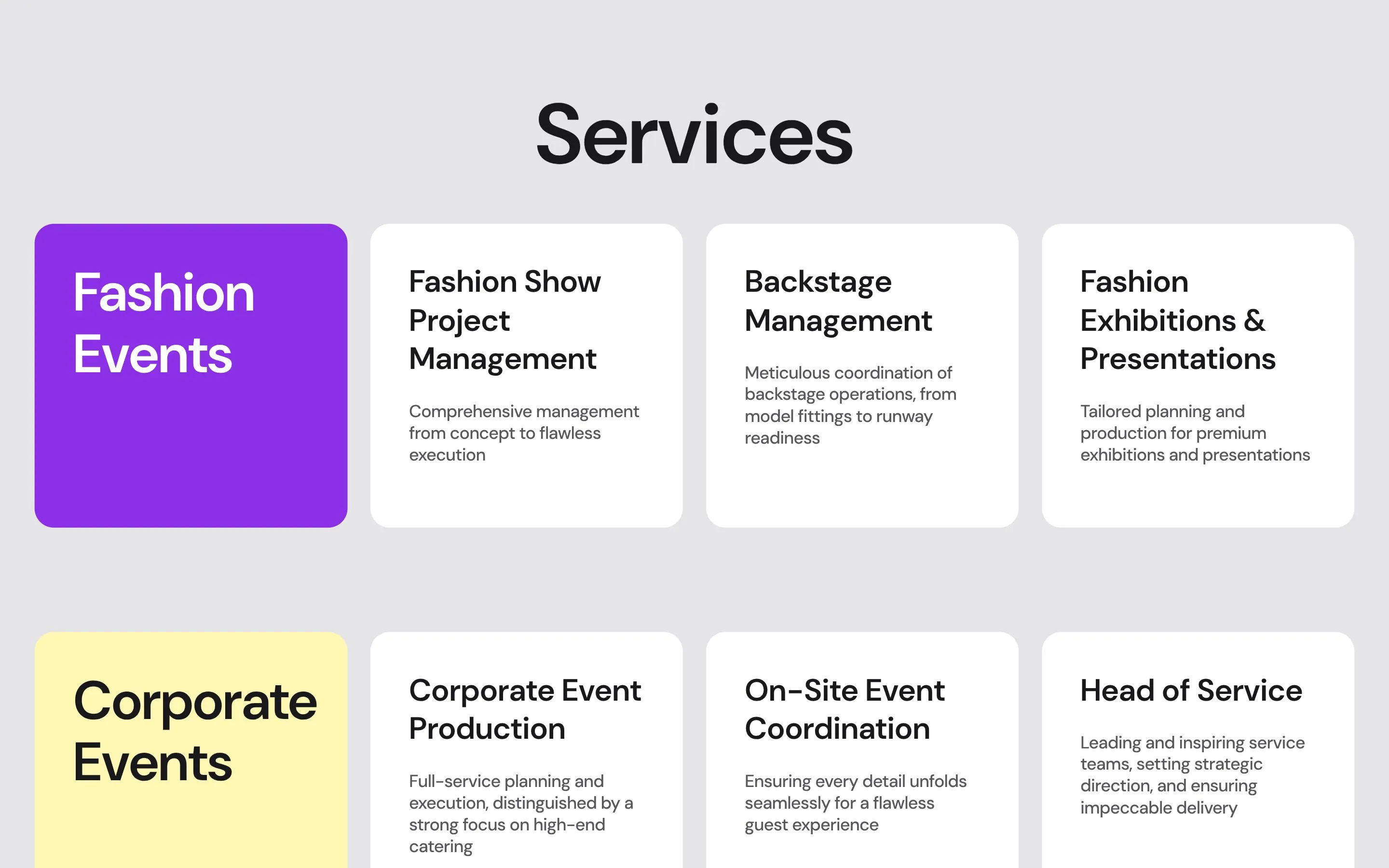 Services: fashion events and corporate events