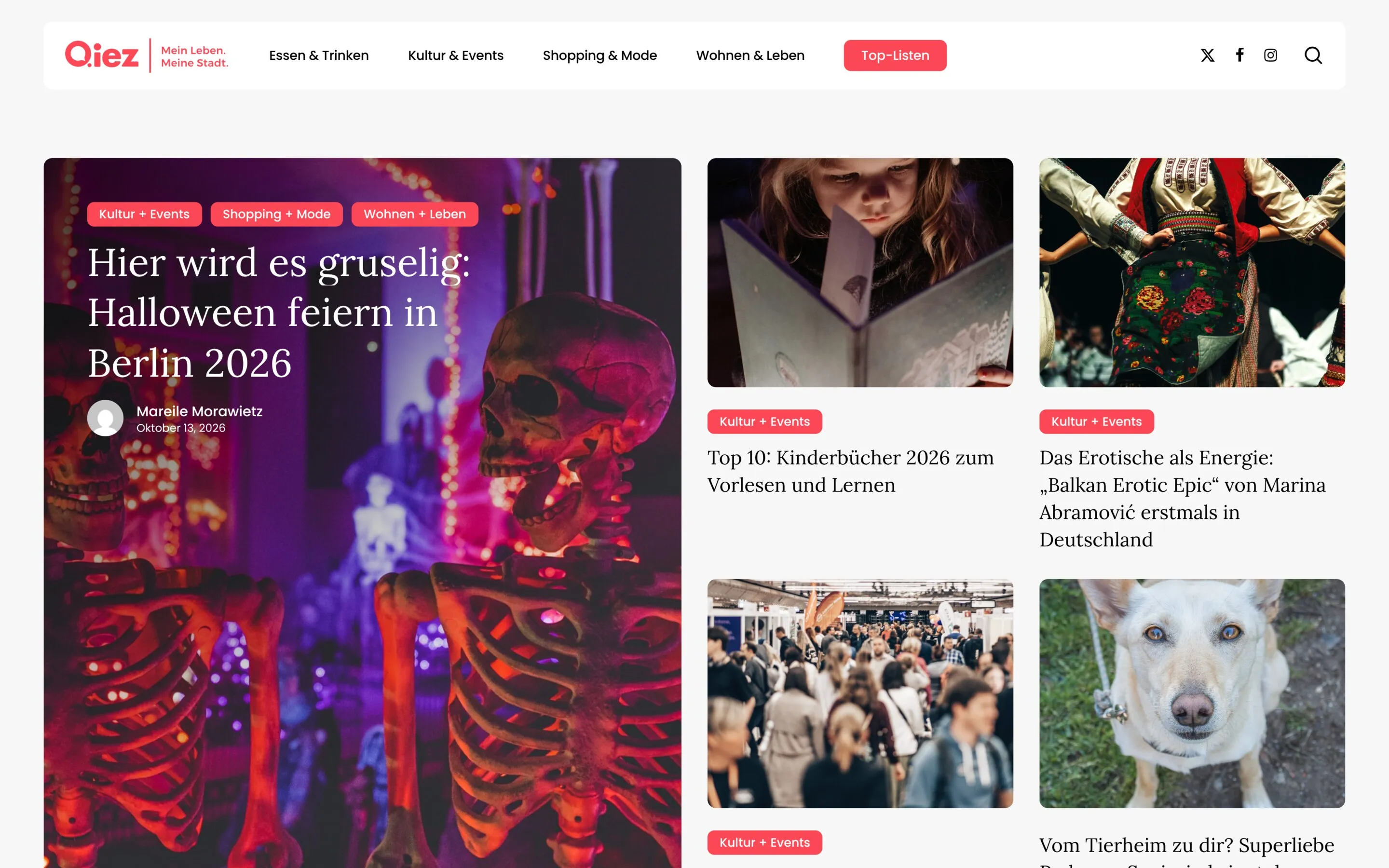 Qiez homepage with the Halloween in Berlin feature