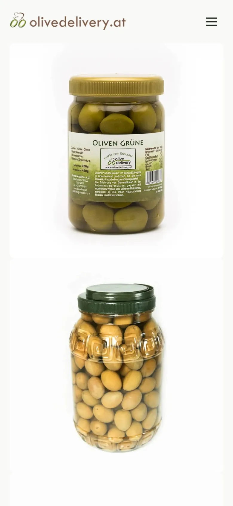 Green olives product page on mobile