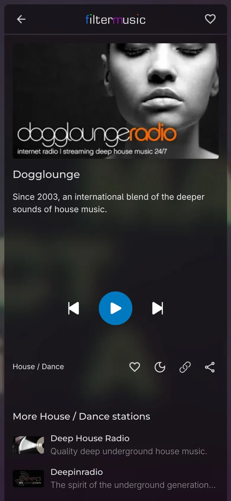 filtermusic Dogglounge station page on mobile